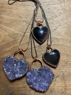 Amethyst Druzy Heart or Rainbow Obsidian Heart Necklace