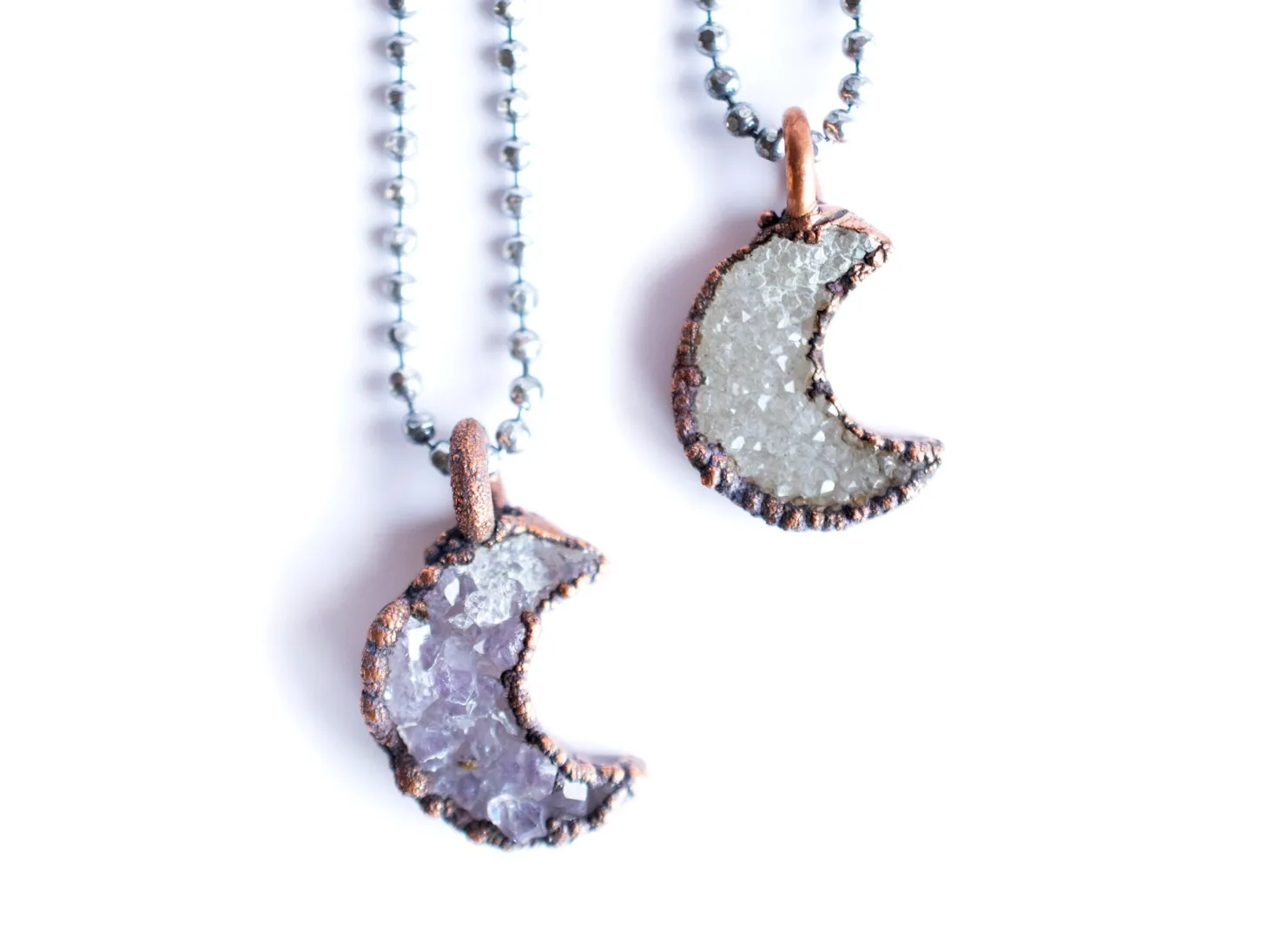 Druzy crystal moon necklace | Electroformed druzy necklace